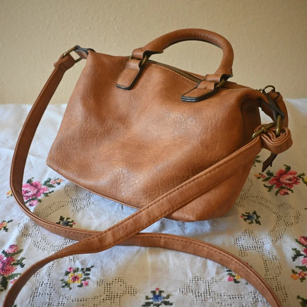 American Eagle Cognac Tan Faux Leather Satchel Crossbody Bag